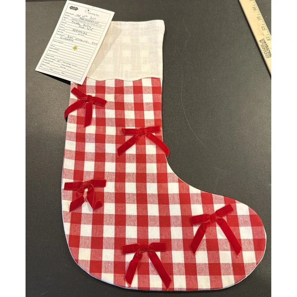 Mud Pie Red White Gingham Velvet Bow Holiday Christmas Stocking‎ 18 Inch NEW